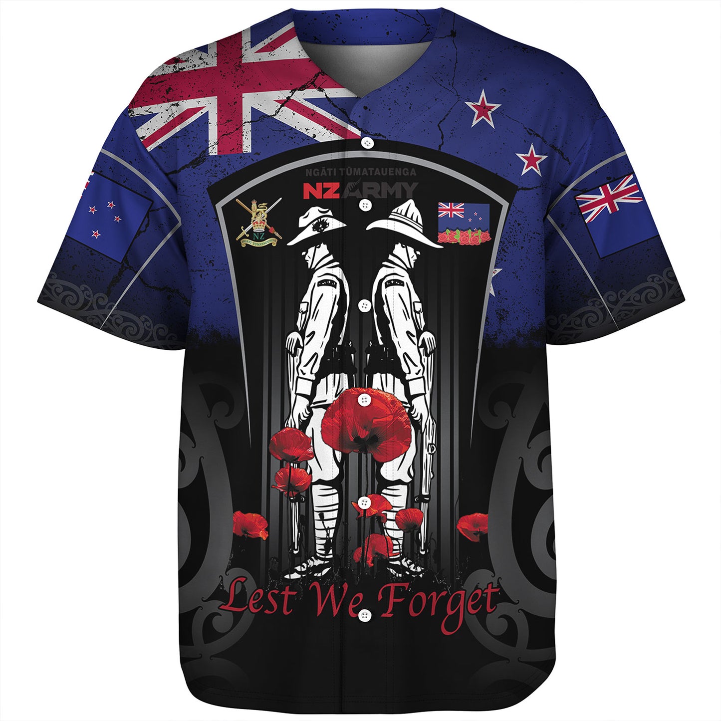 New Zealand Baseball Shirt Custom New Zealand Anzac Day With Poppy Flowers And Traditional Maori Patterns
