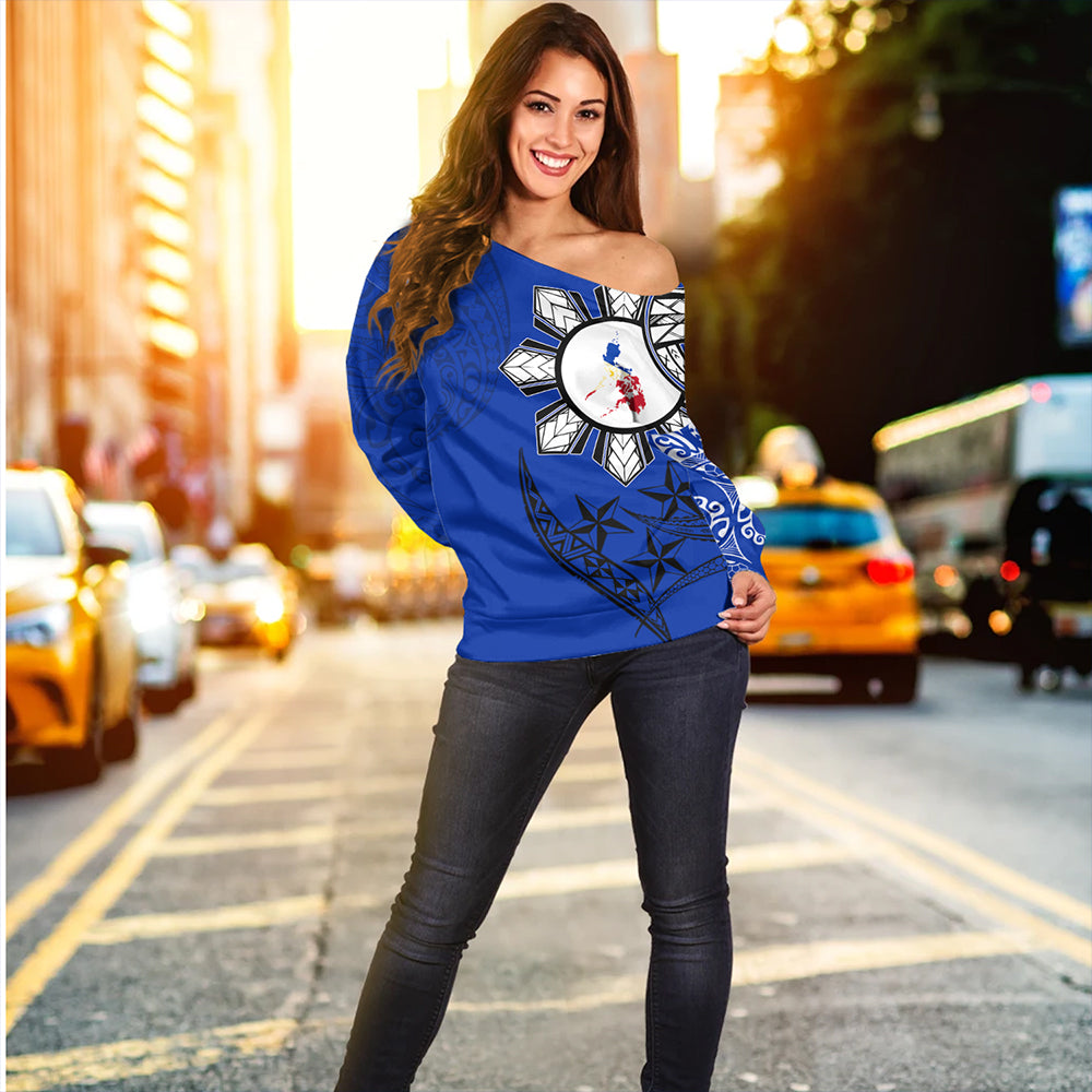 Philippines Off Shoulder Sweatshirt Tribal Sun In My Heart Blue Style