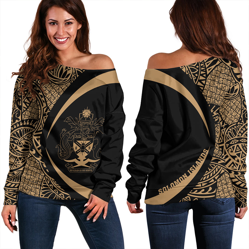 Solomon Islands Off Shoulder Sweatshirt Coat Of Arm Lauhala Gold Circle
