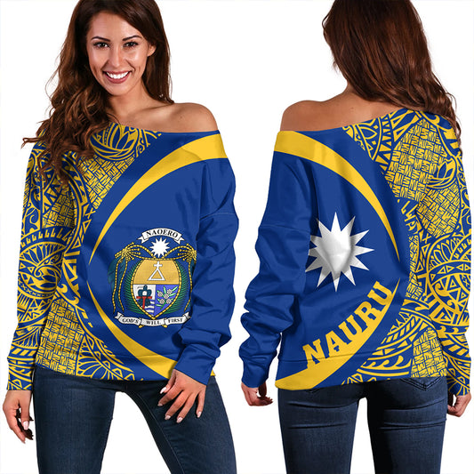 Nauru Off Shoulder Sweatshirt Coat Of Arm Lauhala Circle