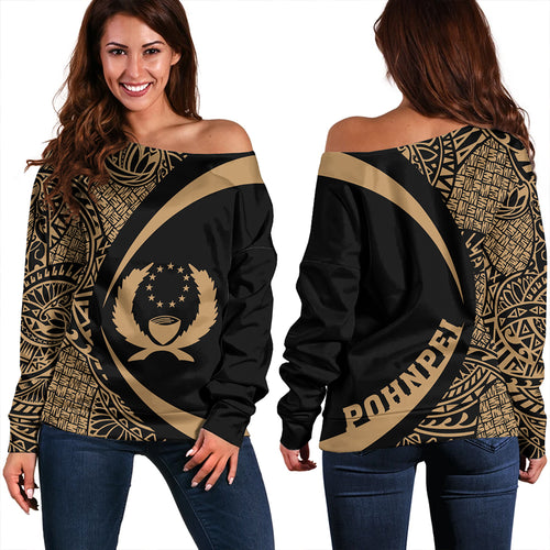 Pohnpei Off Shoulder Sweatshirt Coat Of Arm Lauhala Gold Circle
