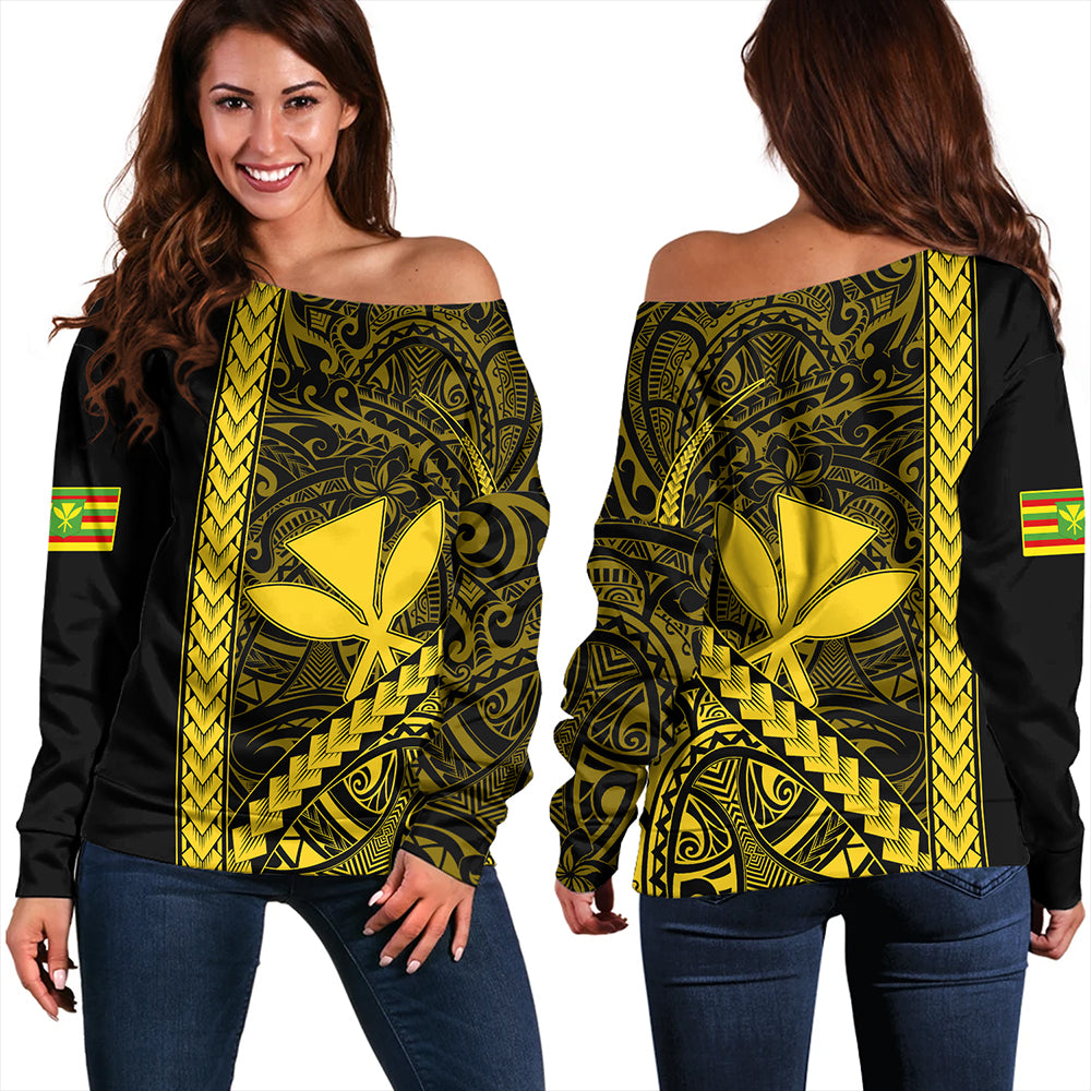 Hawaii Off Shoulder Sweatshirt Tribal Polynesian Kanaka Maoli Yellow