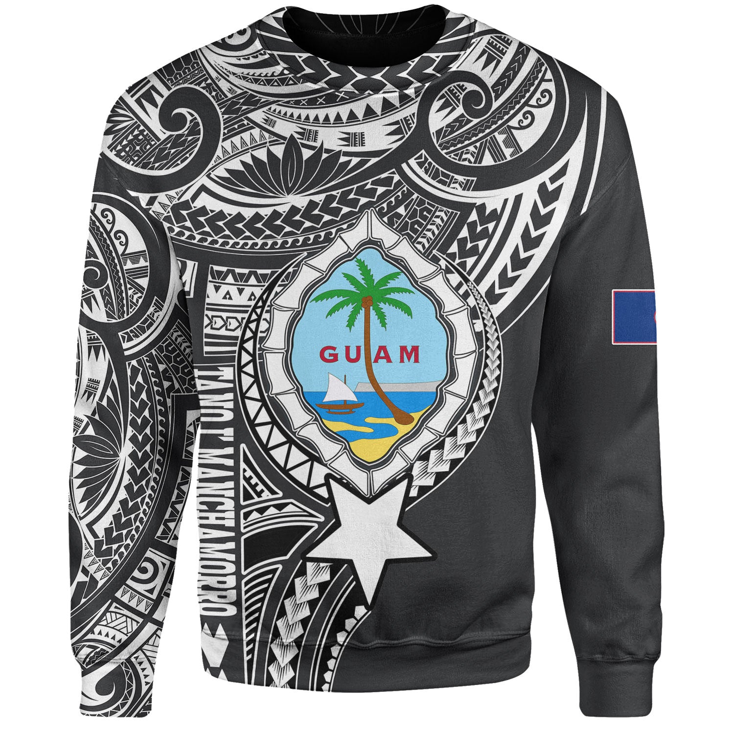 Guam Sweatshirt Custom Guam Coat Of Arms Polynesian Half Body Tattoo Black Style