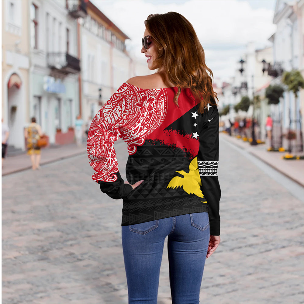 Papua Off Shoulder Sweatshirt Melanesian Flag With Coat Of Arms