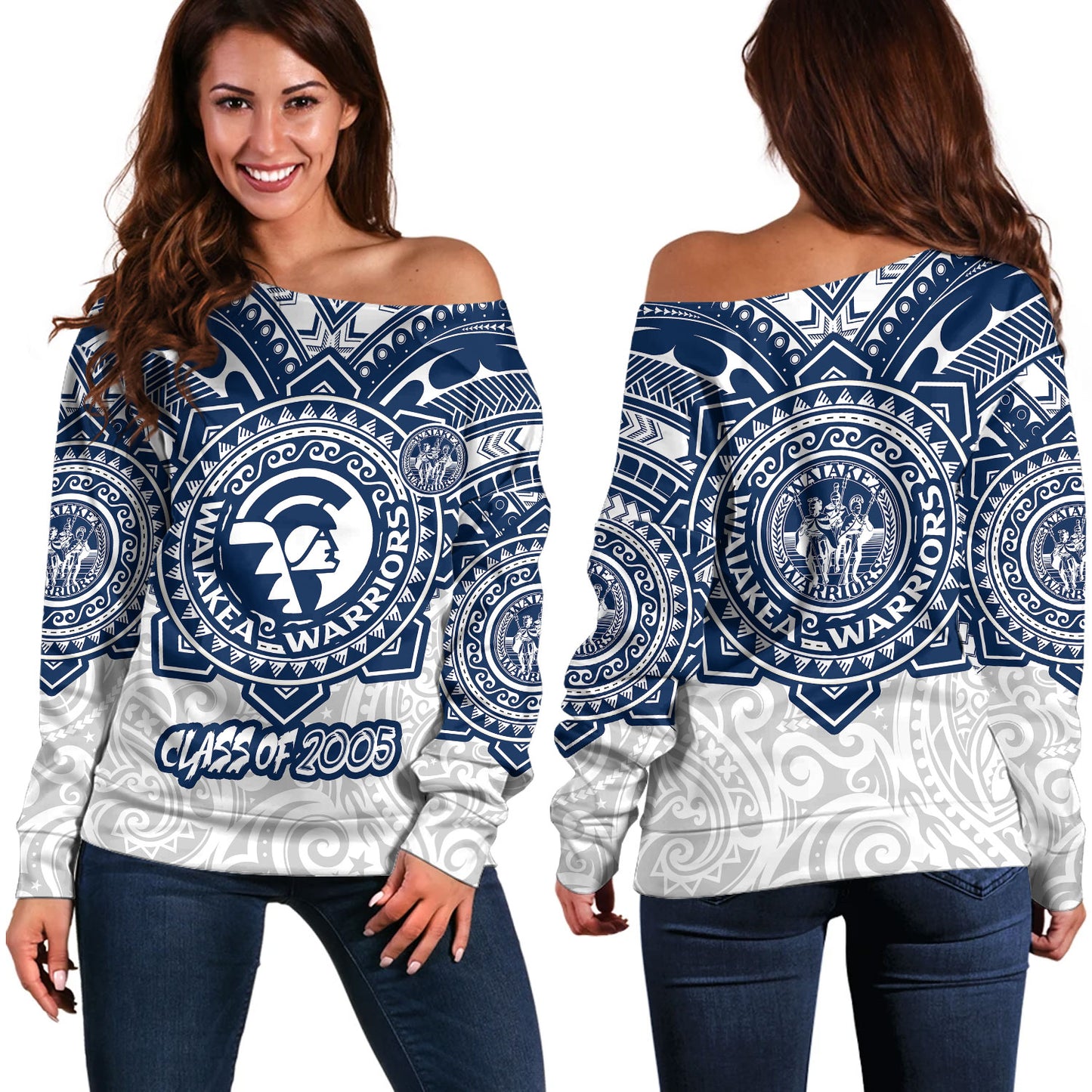 Hawaii Off Shoulder Sweatshirt - Custom Waiakea High School Super Waiakea Warriors Tribal Style