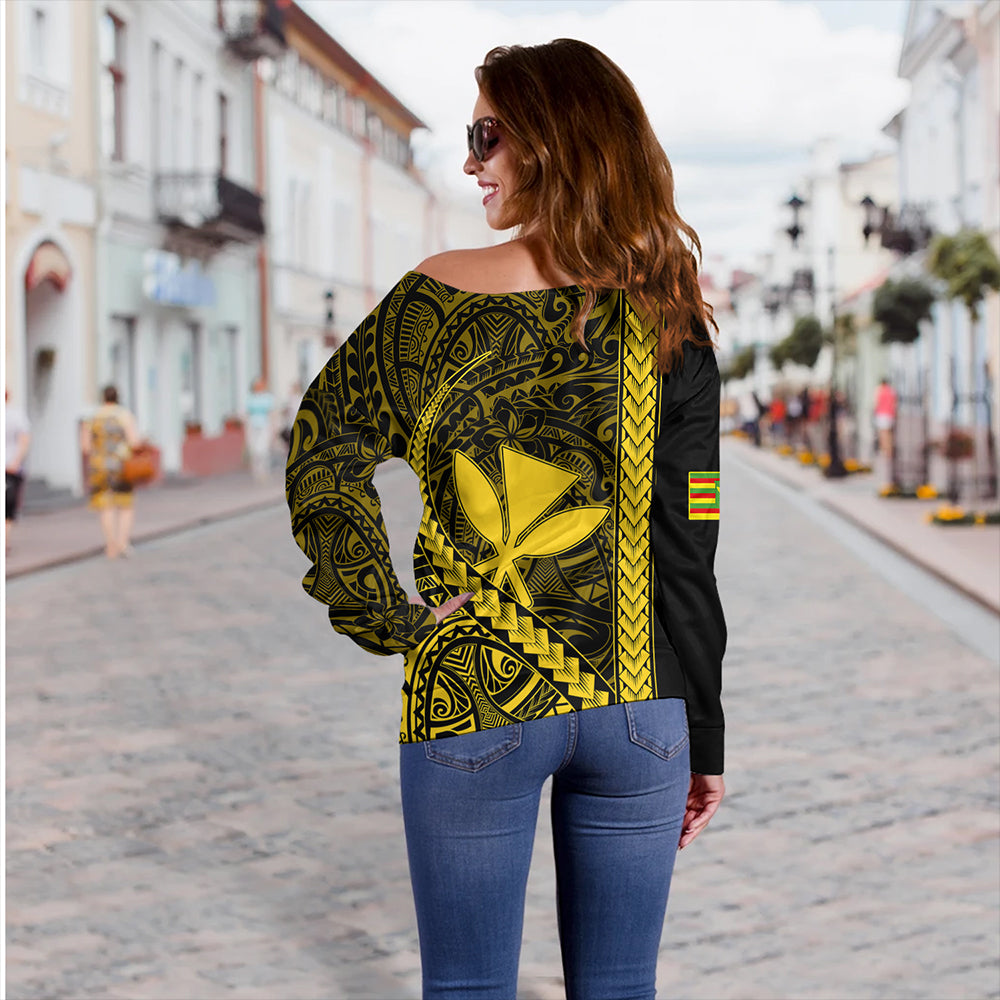 Hawaii Off Shoulder Sweatshirt Tribal Polynesian Kanaka Maoli Yellow