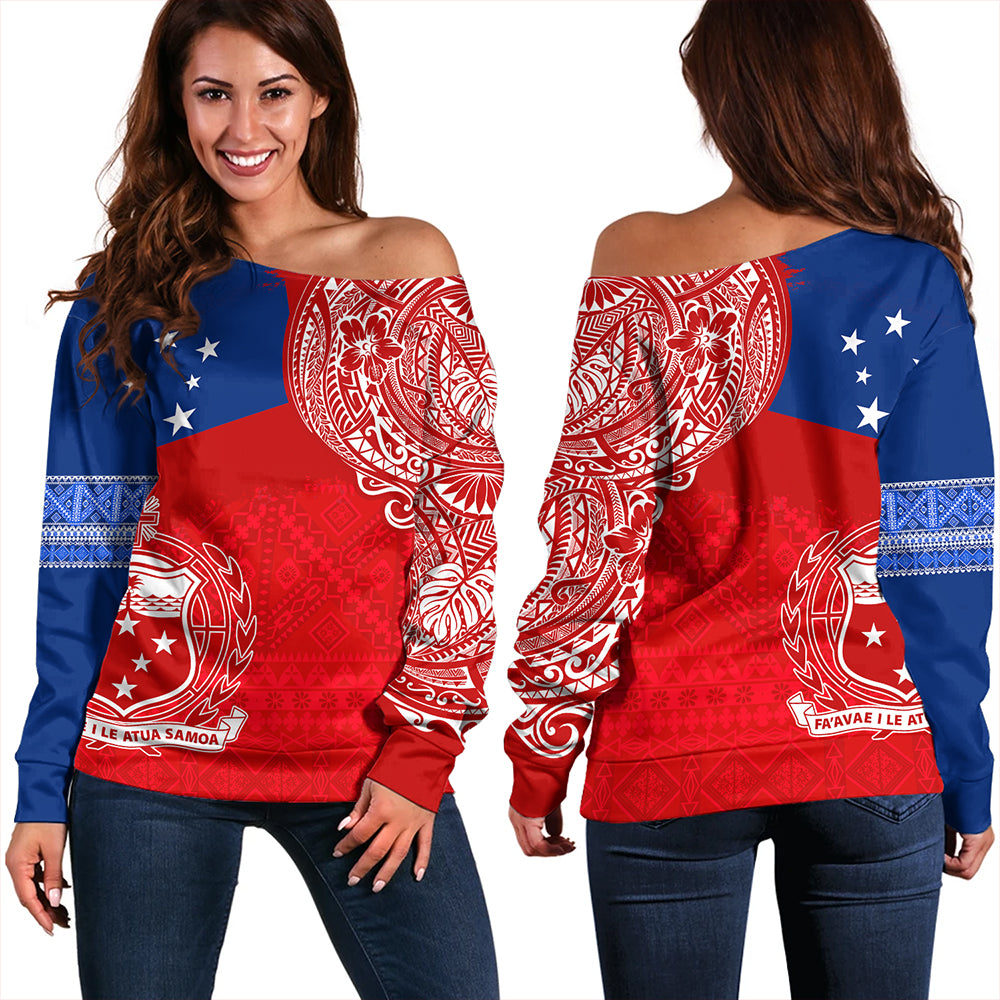 Samoa Off Shoulder Sweatshirt Polynesian Flag With Coat Of Arms