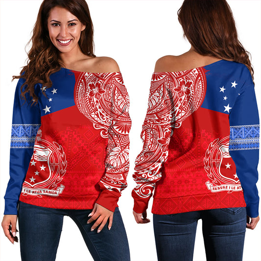 Samoa Off Shoulder Sweatshirt Polynesian Flag With Coat Of Arms