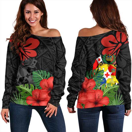 Tonga Off Shoulder Sweatshirt Tonga Coat Of Arms Polynesian Hibiscus