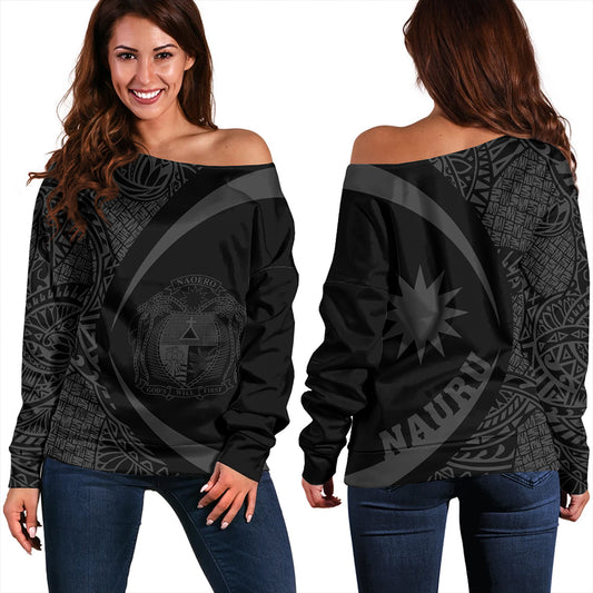 Nauru Off Shoulder Sweatshirt Coat Of Arm Lauhala Gray Circle