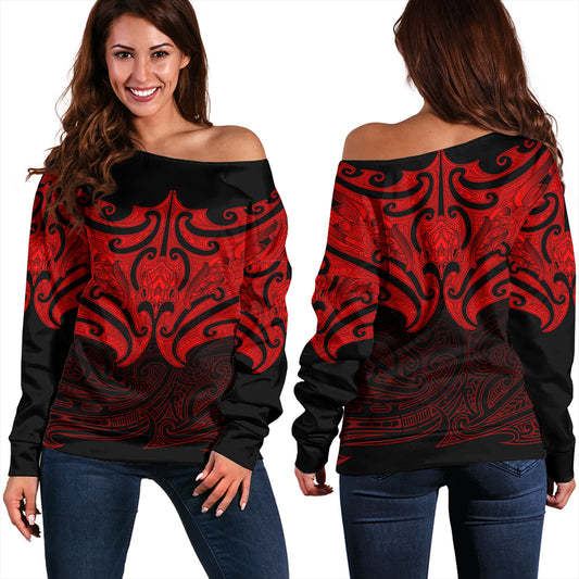 New Zealand Off Shoulder Sweatshirt Maori Red Pattern