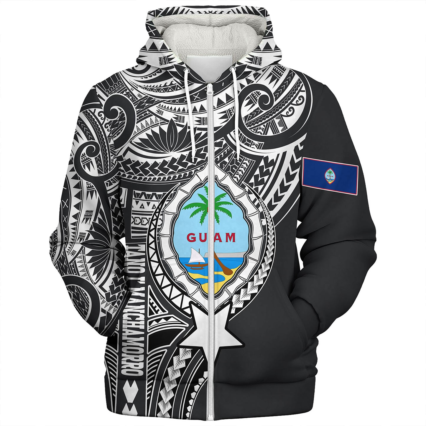 Guam Sherpa Hoodie Custom Guam Coat Of Arms Polynesian Half Body Tattoo Black Style