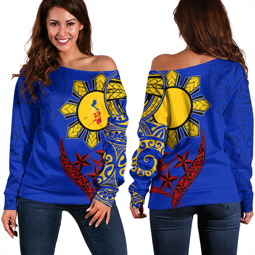 Philippines Off Shoulder Sweatshirt Tribal Sun In My Heart Color Flag Style
