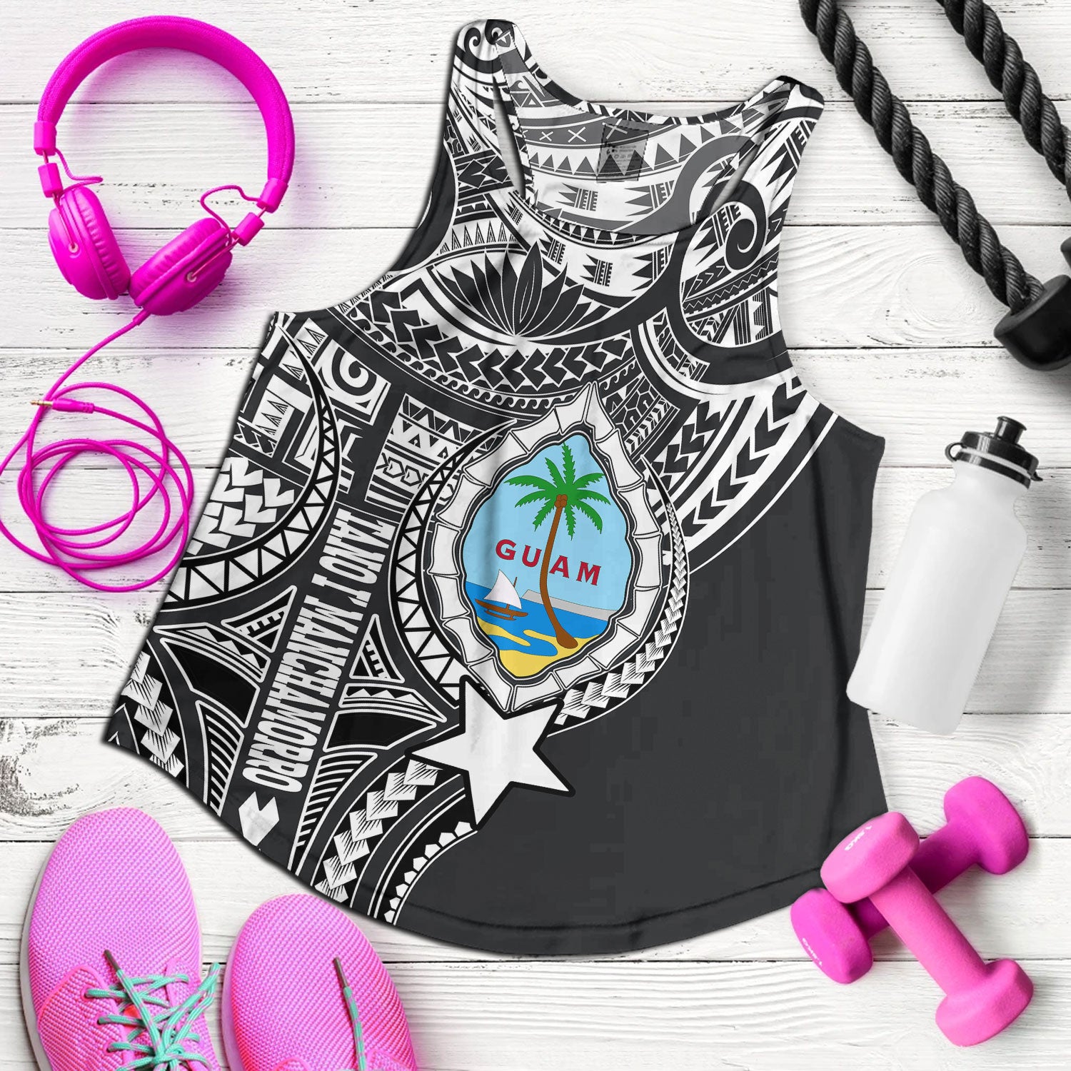 Guam Women Tank Custom Guam Coat Of Arms Polynesian Half Body Tattoo Black Style