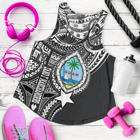 Guam Women Tank Custom Guam Coat Of Arms Polynesian Half Body Tattoo Black Style