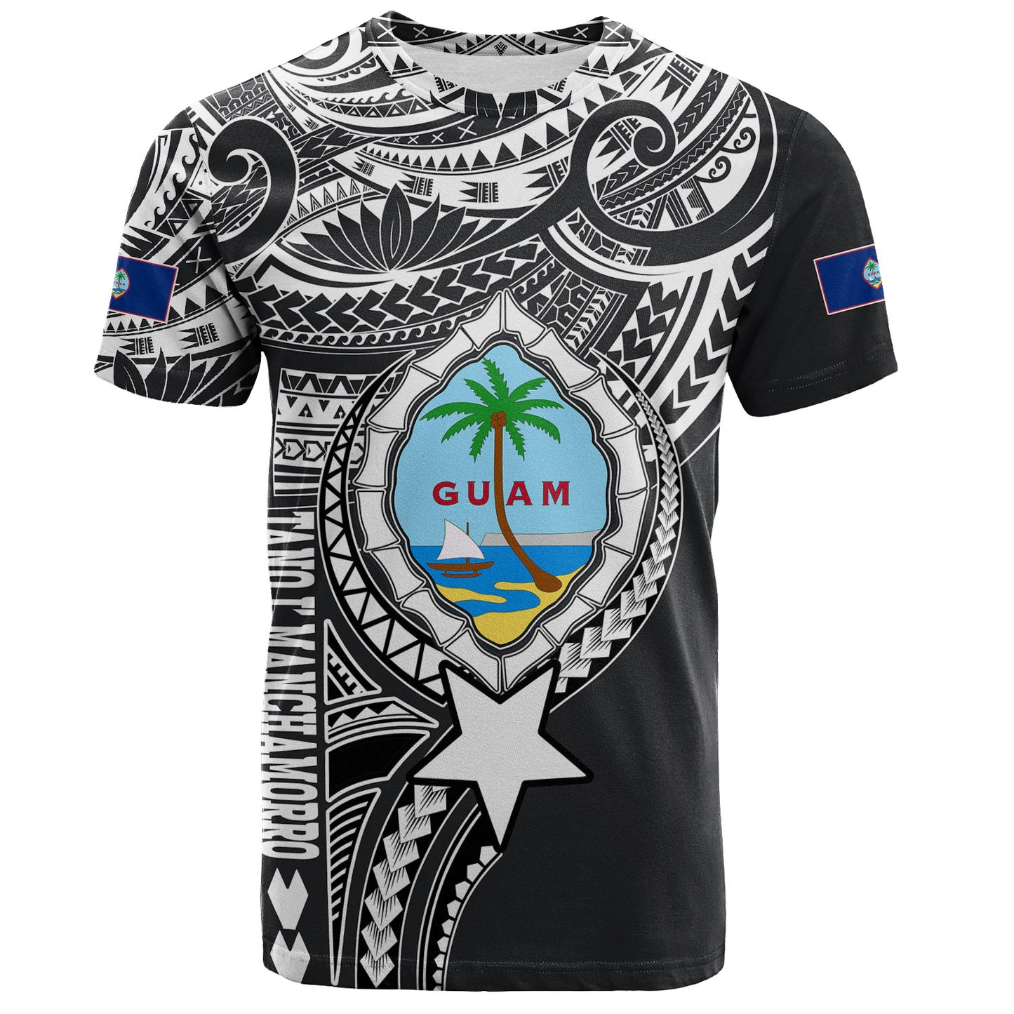 Guam T-Shirt Custom Guam Coat Of Arms Polynesian Half Body Tattoo Black Style