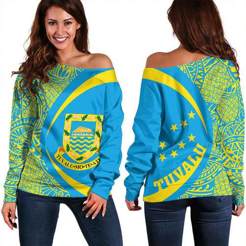 Tuvalu Off Shoulder Sweatshirt Coat Of Arm Lauhala Circle