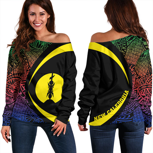 New Caledonia Off Shoulder Sweatshirt Coat Of Arm Lauhala Circle