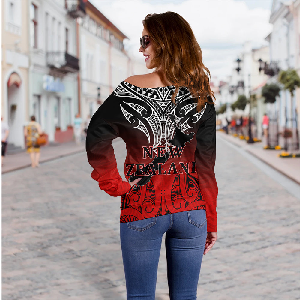 New Zealand Off Shoulder Sweatshirt Maori Kiwi Bird Symbols Map