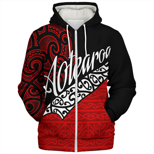 New Zealand Sherpa Hoodie Aotearoa Maori Flag Puhoro Pattern