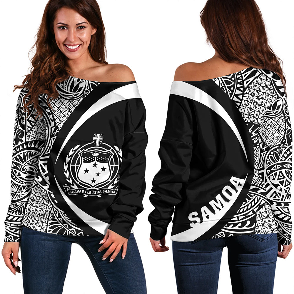 Samoa Off Shoulder Sweatshirt Coat Of Arm Lauhala White Circle