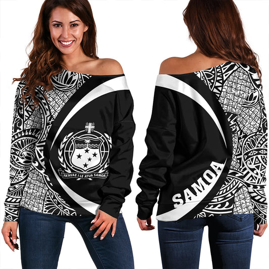 Samoa Off Shoulder Sweatshirt Coat Of Arm Lauhala White Circle