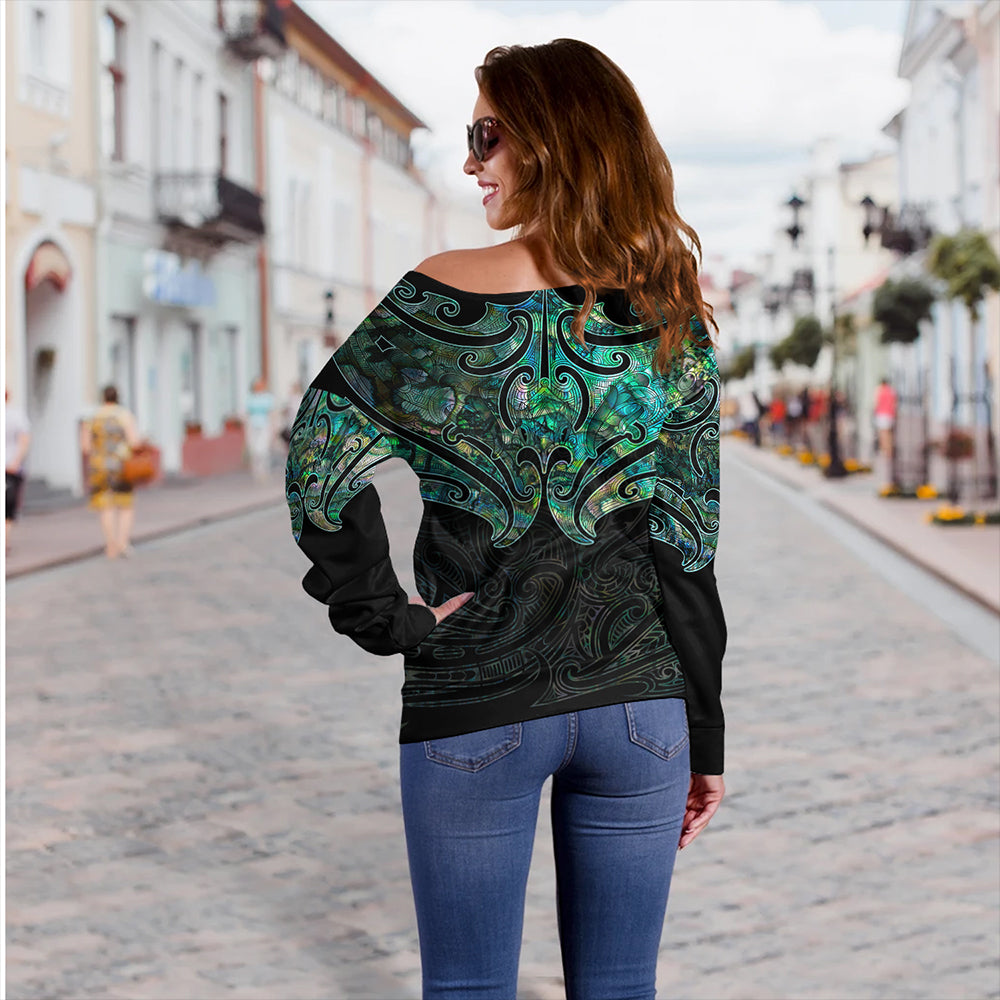 New Zealand Off Shoulder Sweatshirt Maori Papua Shell Pattern