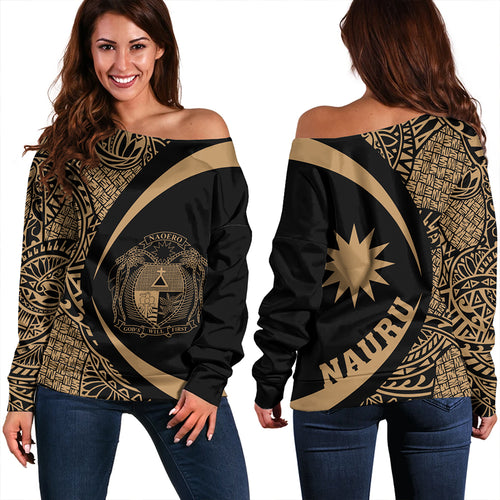 Nauru Off Shoulder Sweatshirt Coat Of Arm Lauhala Gold Circle