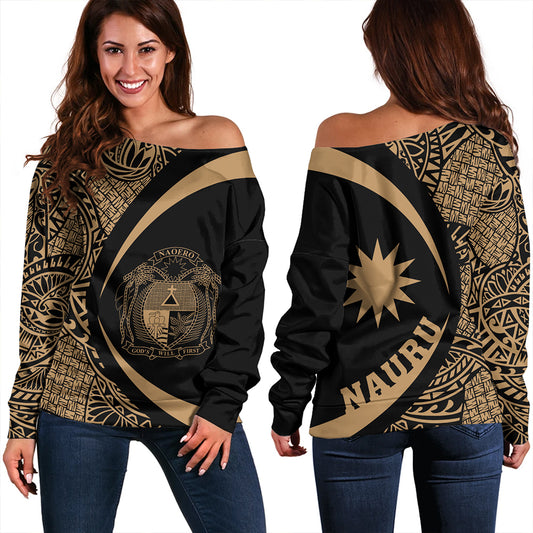 Nauru Off Shoulder Sweatshirt Coat Of Arm Lauhala Gold Circle