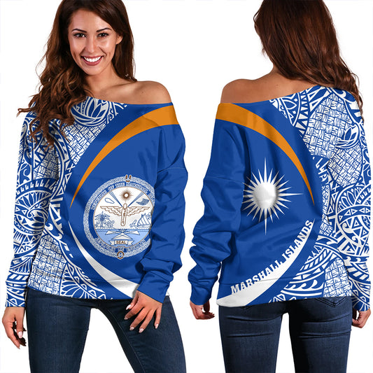 Marshall Islands Off Shoulder Sweatshirt Coat Of Arm Lauhala Circle