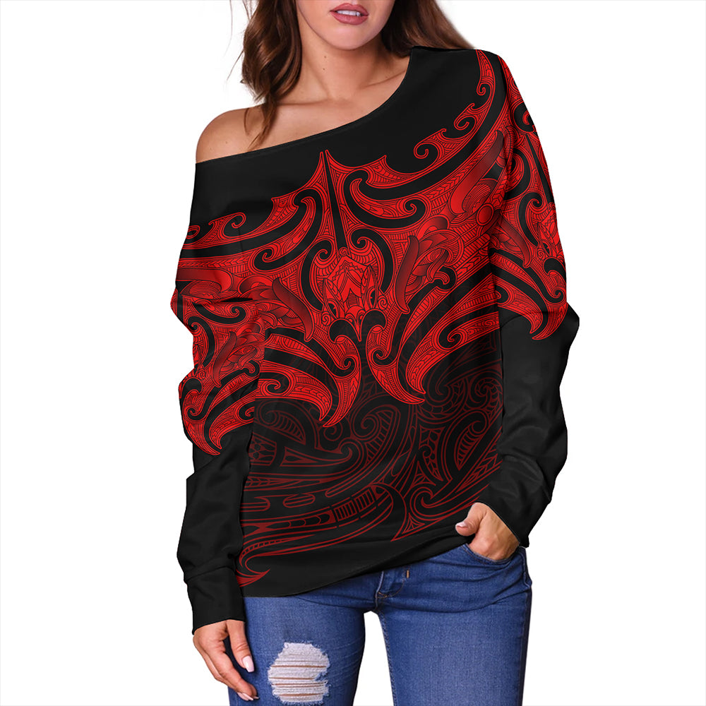 New Zealand Off Shoulder Sweatshirt Maori Red Pattern