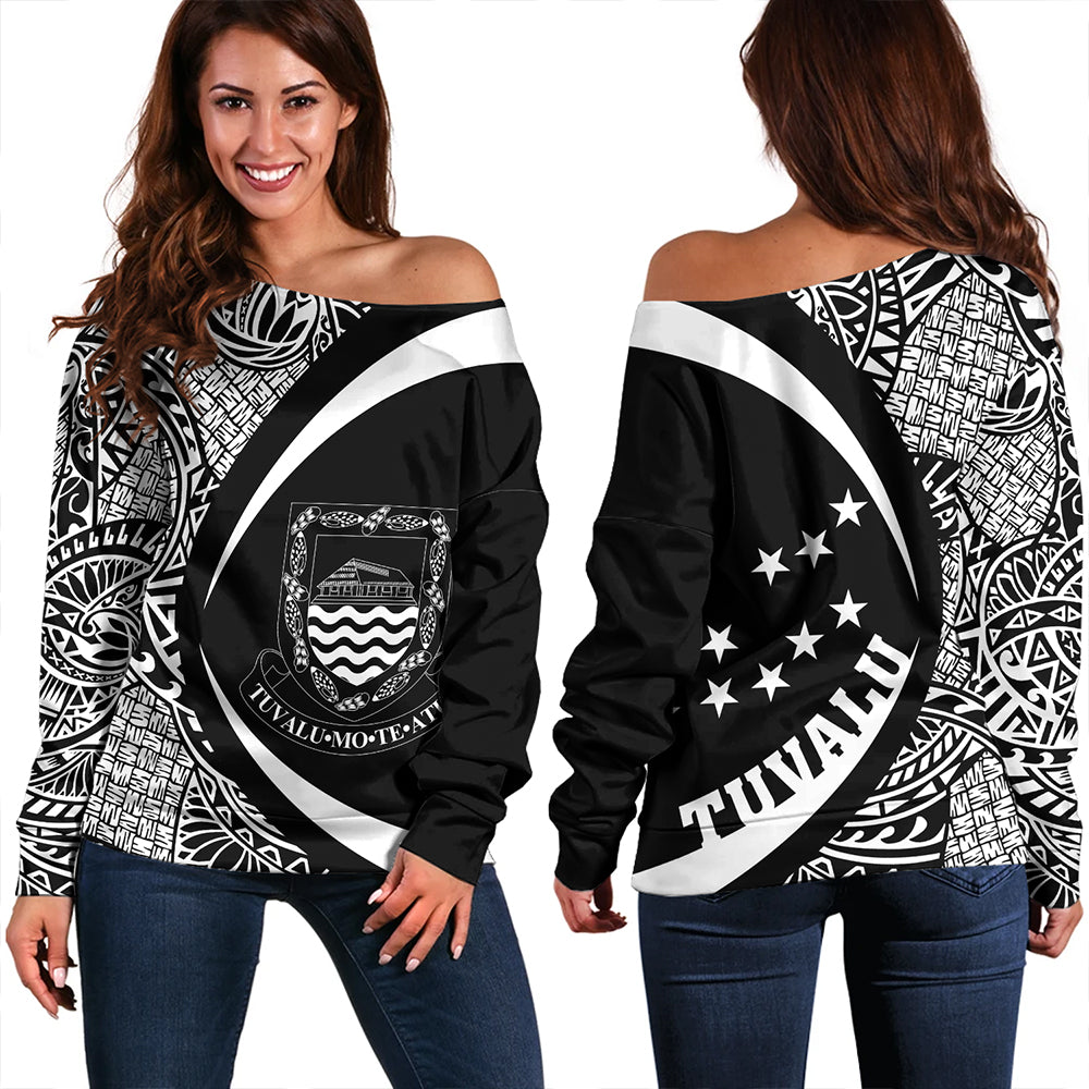 Tuvalu Off Shoulder Sweatshirt Coat Of Arm Lauhala White Circle