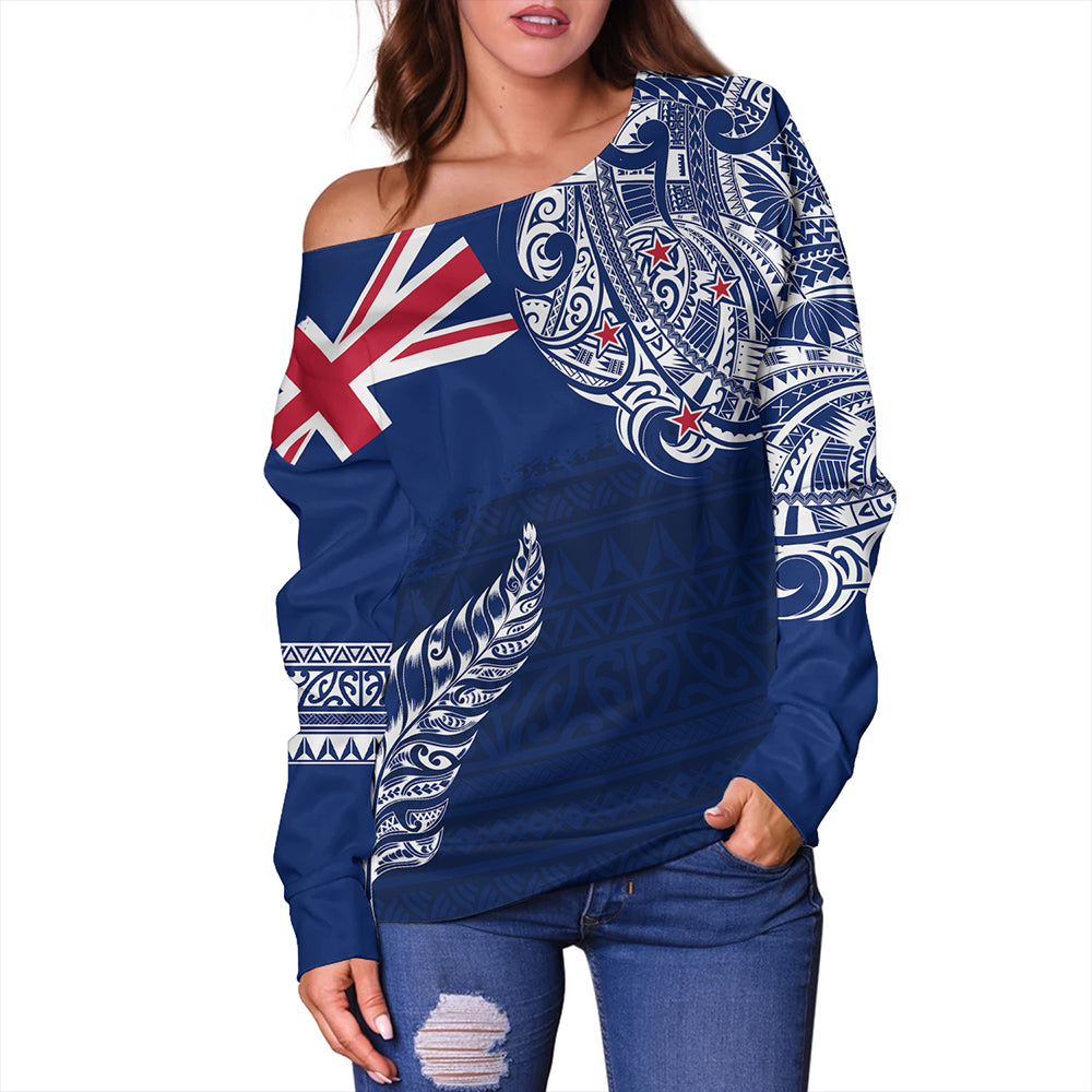 New Zealand Off Shoulder Sweatshirt Aotearoa Maori Tribal Flag With Silver Frern