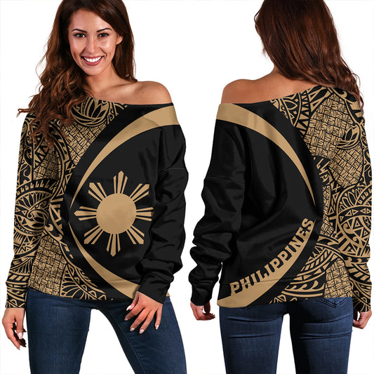 Philippines Off Shoulder Sweatshirt Coat Of Arm Lauhala Gold Circle