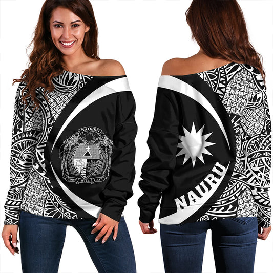 Nauru Off Shoulder Sweatshirt Coat Of Arm Lauhala White Circle
