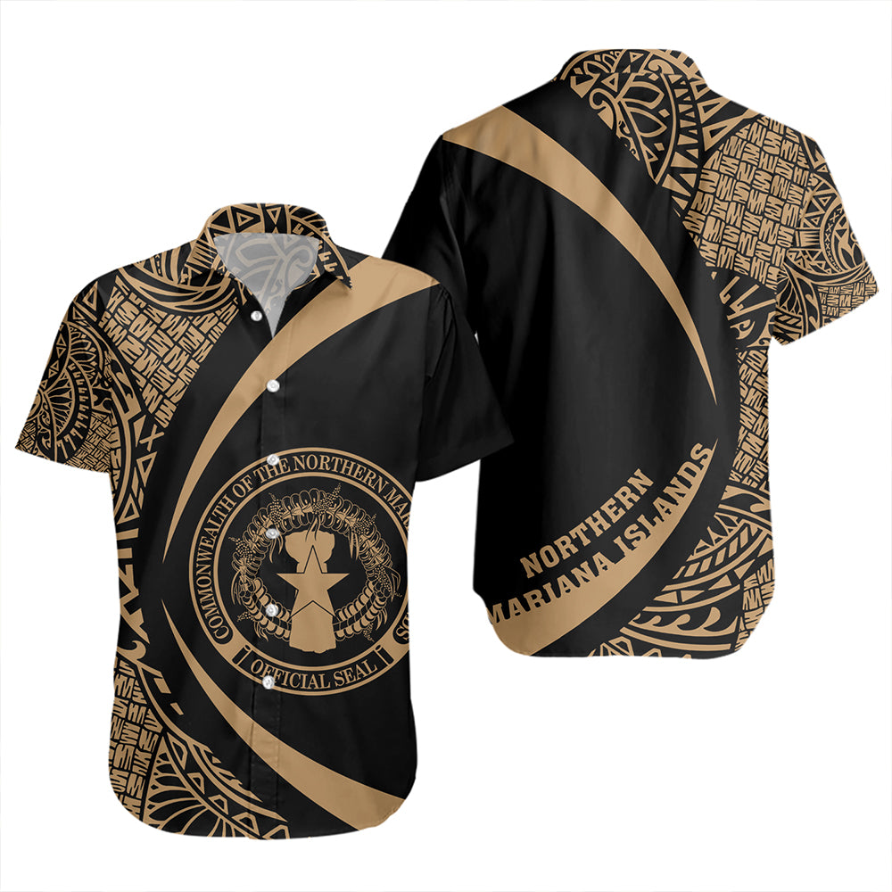 Northern Mariana Islands Short Sleeve Shirt Coat Of Arm Lauhala Gold Circle