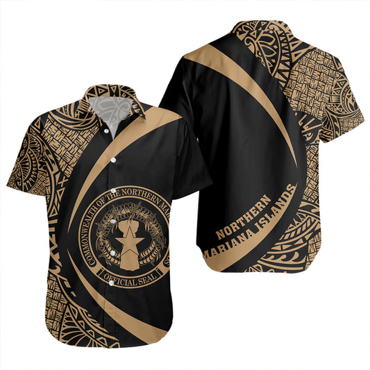 Northern Mariana Islands Short Sleeve Shirt Coat Of Arm Lauhala Gold Circle