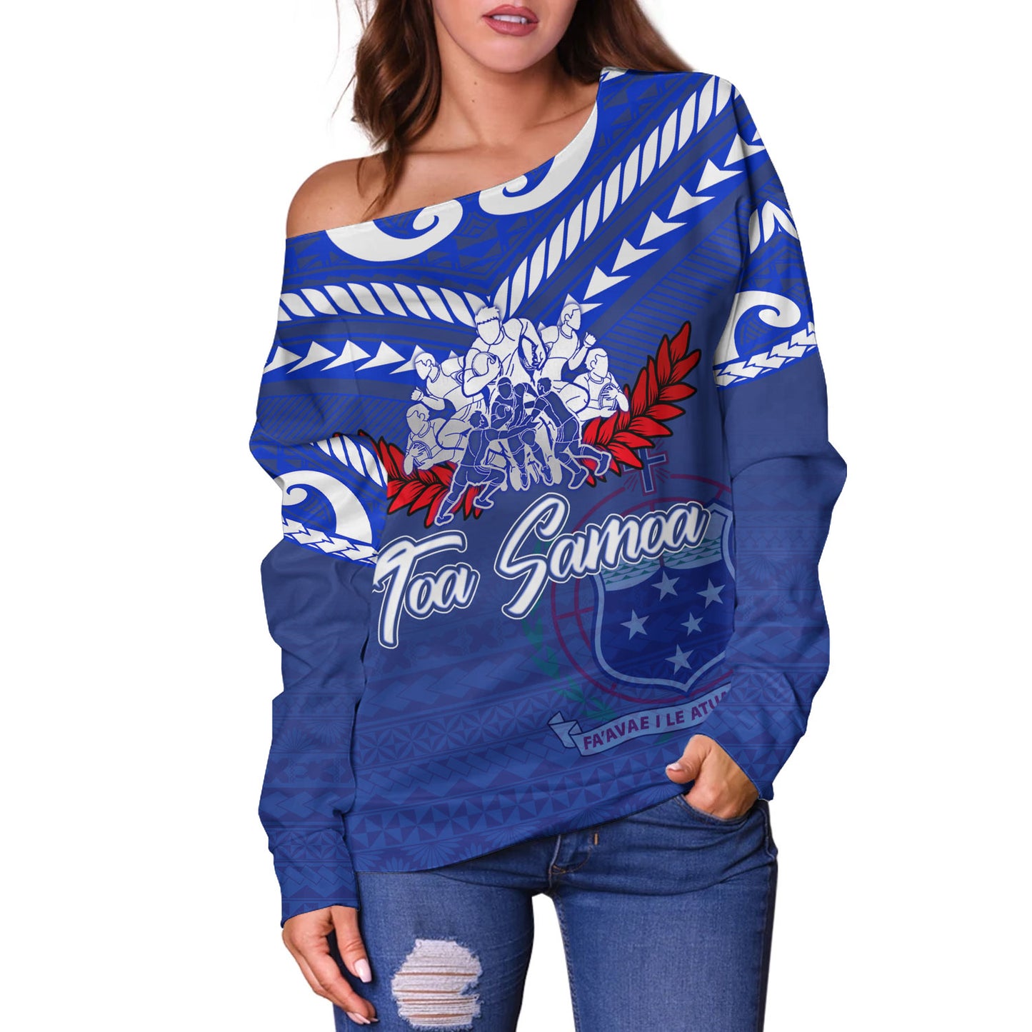 Samoa Custom Personalised Off Shoulder Sweatshirt Toa Samoa Tribal Pattern