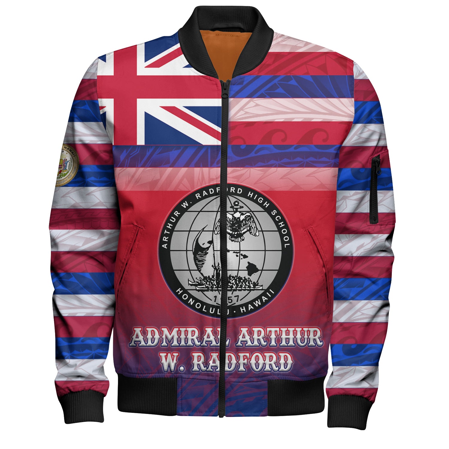 Hawaii Admiral Arthur W. Radford High School Bomber Jacket Flag Color With Traditional Patterns