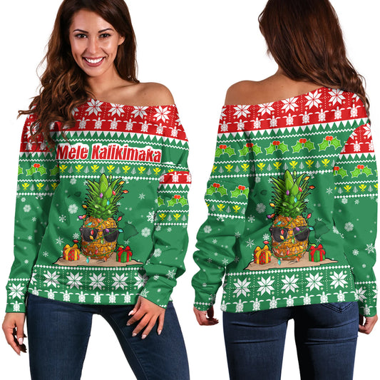 Hawaii Off Shoulder Sweatshirt Pineapple Christmas Tree Kanaka Maoli Pattern