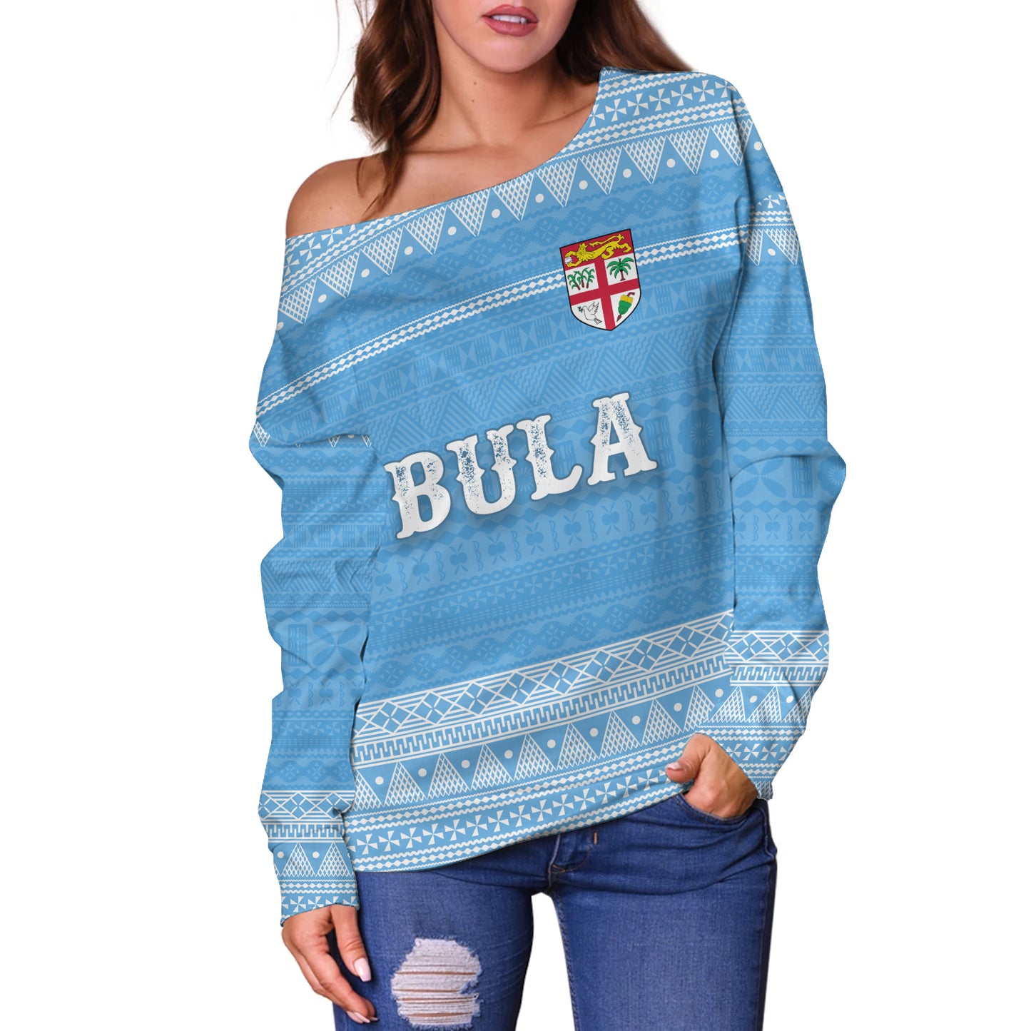 Fiji Off Shoulder Sweatshirt Bula Coat Of Arm Of Fiji Polynesian