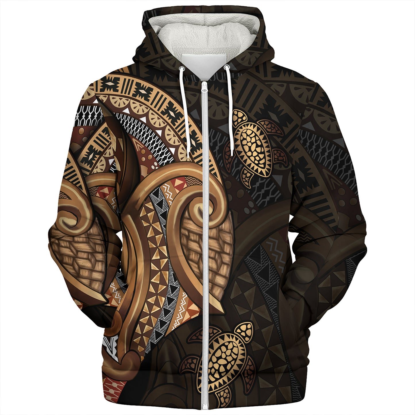 Fiji Sherpa Hoodie Golden Turtles Fiji Tribal Pattern