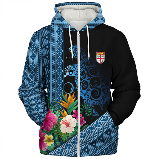 Fiji Sherpa Hoodie Polynesia Pattern With Tropical Flower