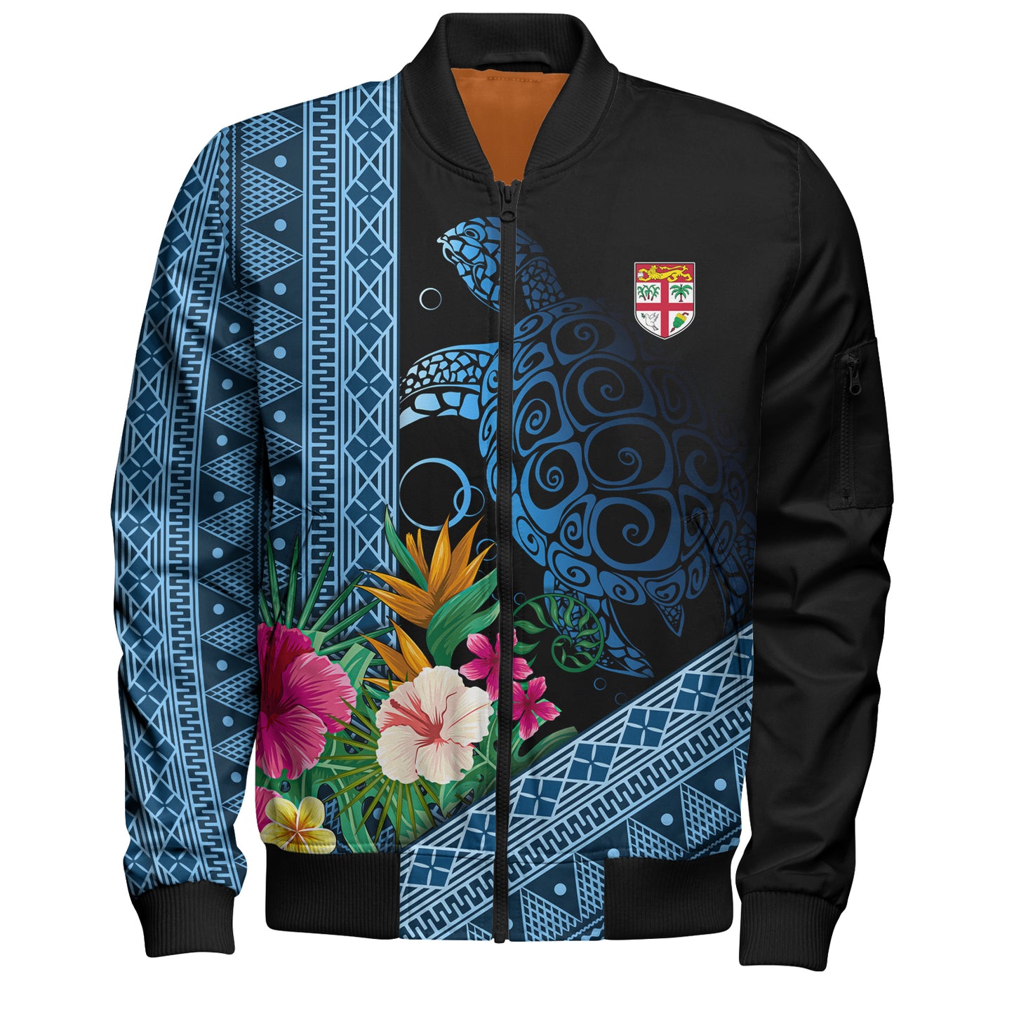 Fiji Bomber Jacket Polynesia Pattern With Tropical Flower