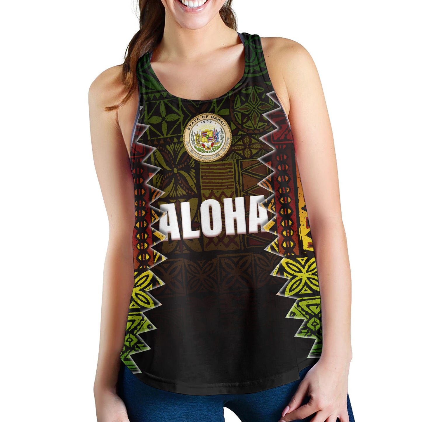 Hawaii Women Tank Polynesian Tribal Motif Reggae Color