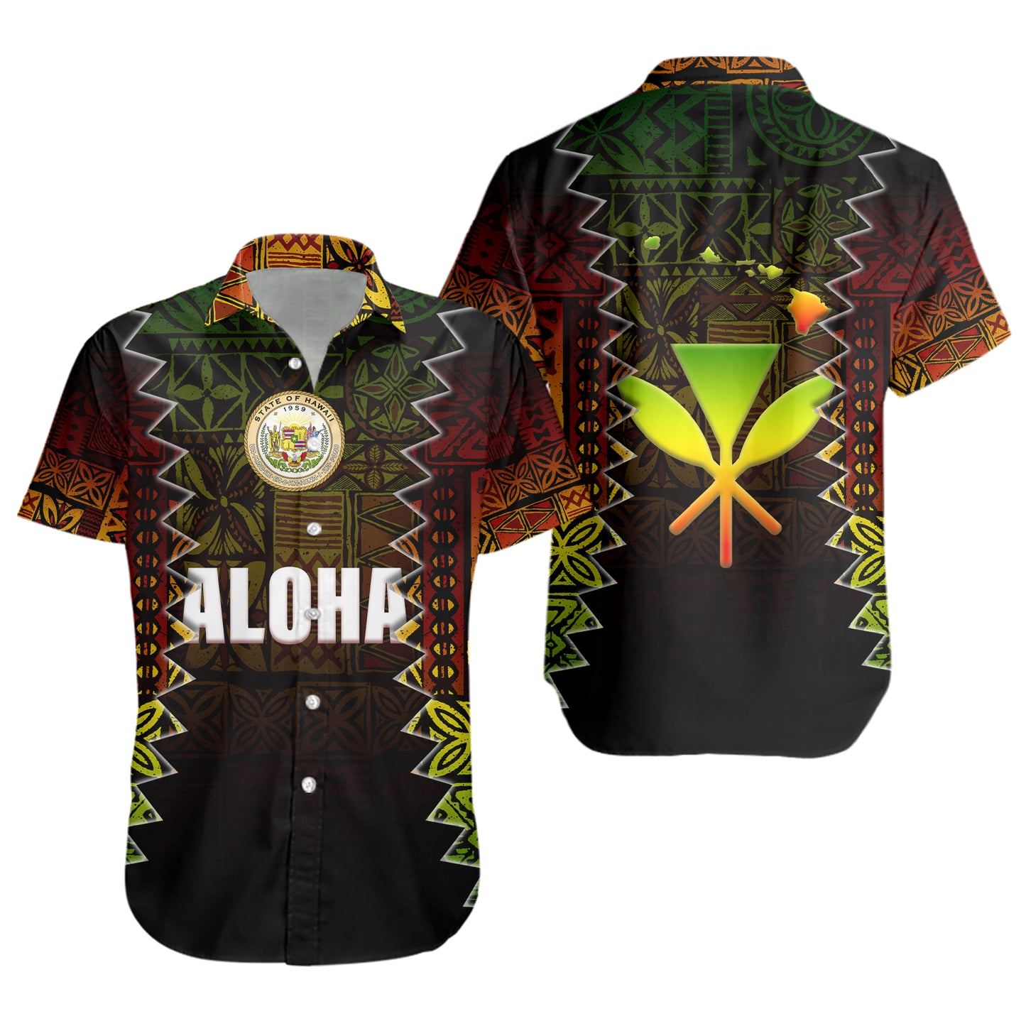 Hawaii Short Sleeve Shirt Polynesian Tribal Motif Reggae Color