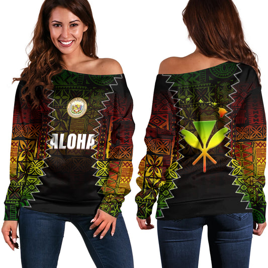 Hawaii Off Shoulder Sweatshirt Polynesian Tribal Motif Reggae Color