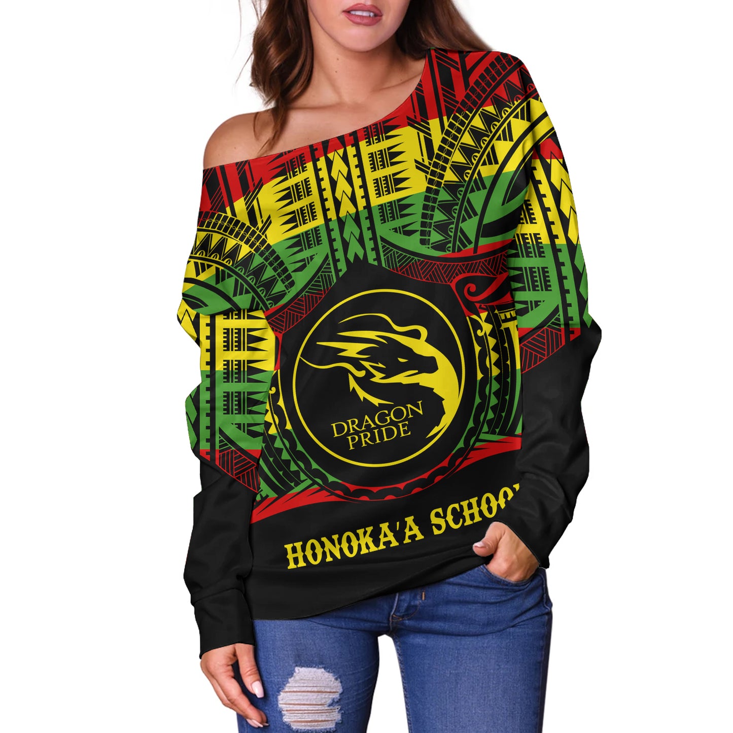 Hawaii Off Shoulder Sweatshirt Honokaʻa High & Intermediate School Reggae Color Polynesian