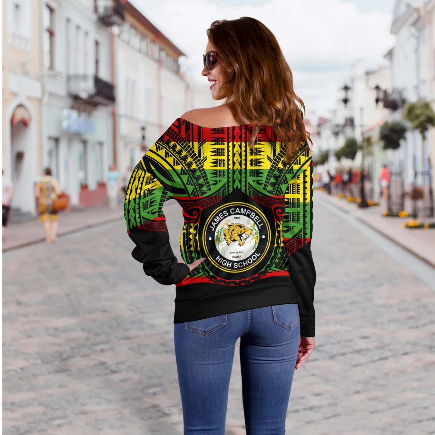 Hawaii Off Shoulder Sweatshirt James Campbell High School Reggae Color Polynesian