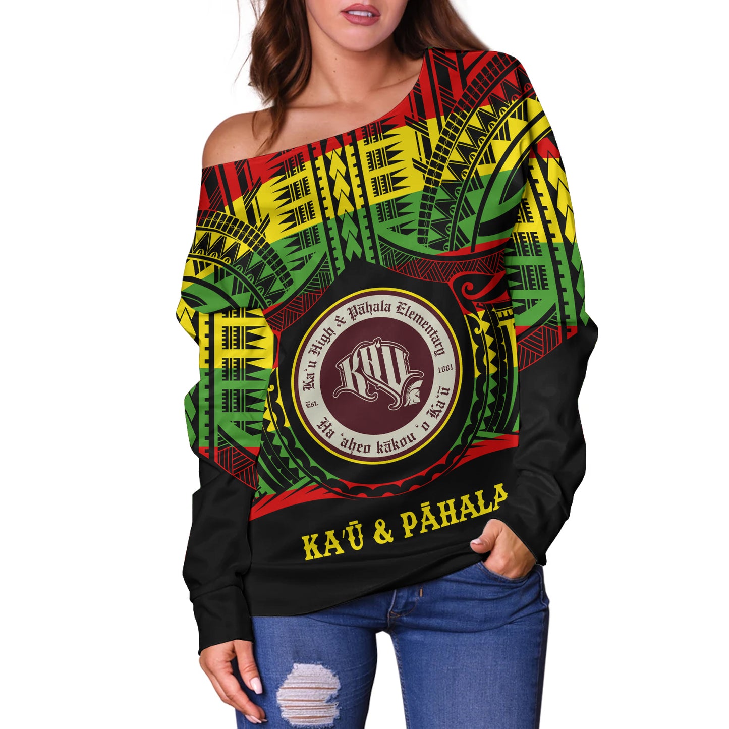 Hawaii Off Shoulder Sweatshirt Kaʻū High & PÄhala Elementary School Reggae Color Polynesian